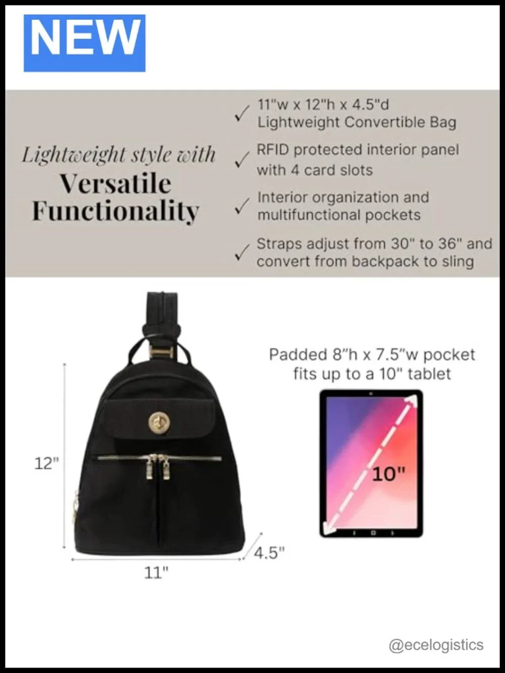 Convertible Backpack Travel Sling Crossbody Nylon RFID Padded Tablet